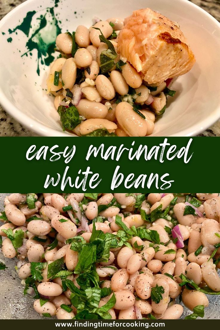 white beans and spinach in a bowl with the words easy marinated white beans