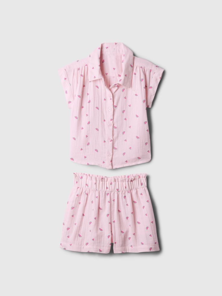 Soft crinkle gauze cotton shirt and shorts outfit set.  Point collar.  Short sleeves.  Button front.  Elasticized waist at shorts.  Certain styles have allover prints.  Straight, easy fit.  Easy pull-on waist.  Sizes range from baby to toddler. Shirt And Shorts Outfit, Cute Pjs, Cute Pajama Sets, Pajama Outfits, Peony Pink, Shirt And Shorts, Shorts Outfit, Cute Pajamas, Cute Everyday Outfits