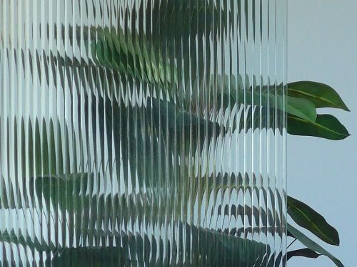 a green plant in front of a glass window with wavy lines on the wall behind it