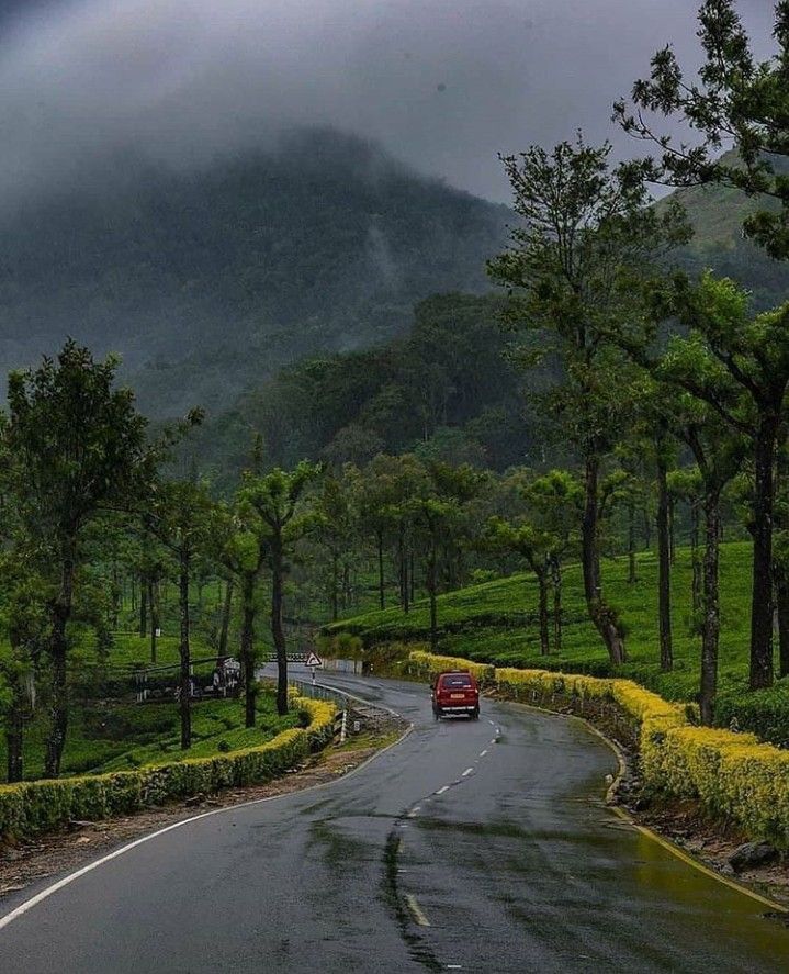 a red car driving down a road next to lush green trees and mountains in the background