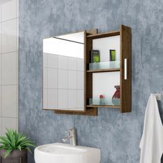 a bathroom with a sink, mirror and towel rack on the wall next to it