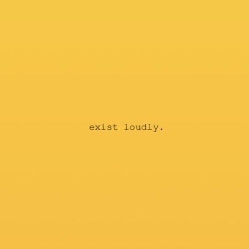 an image of the words exit loudly on a yellow background with white text below