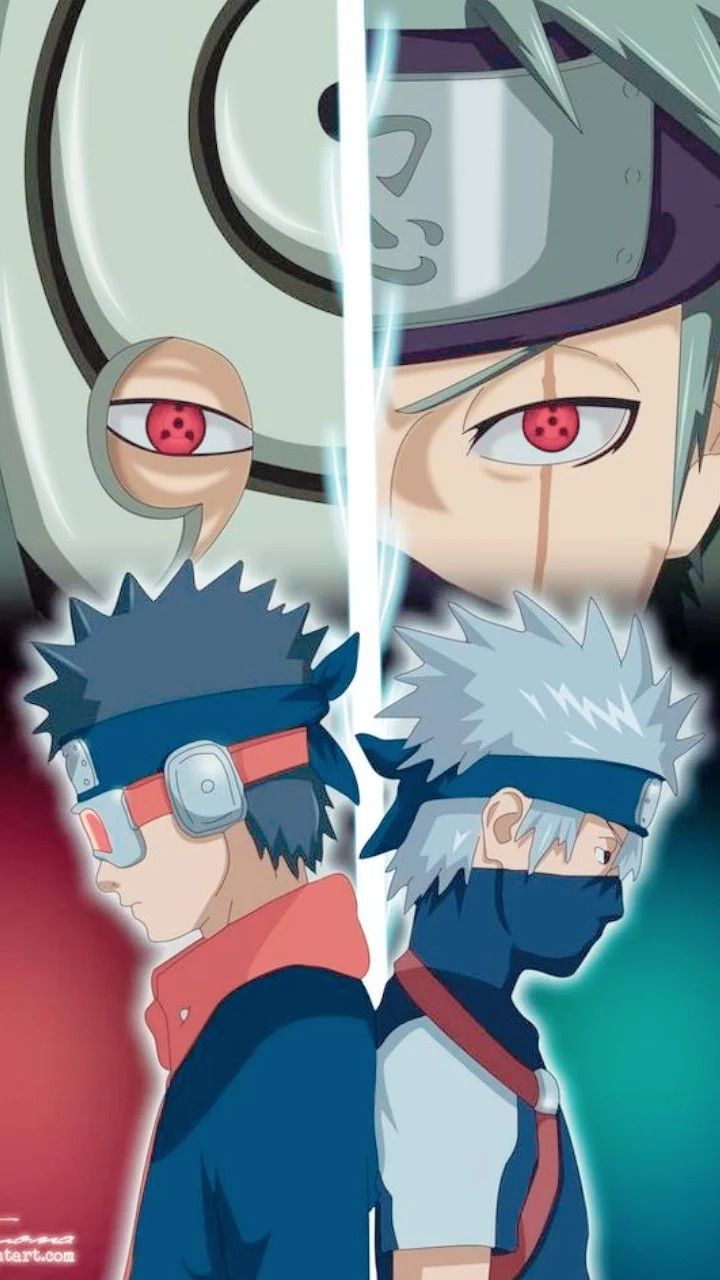 two anime characters one with red eyes and the other with grey hair, standing next to each other