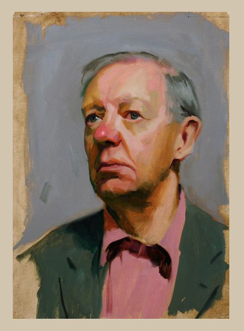 a painting of a man wearing a pink shirt and black jacket with a bow tie