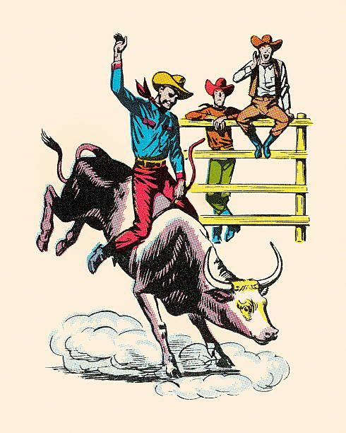 a man riding on the back of a bull with two men sitting on top of it