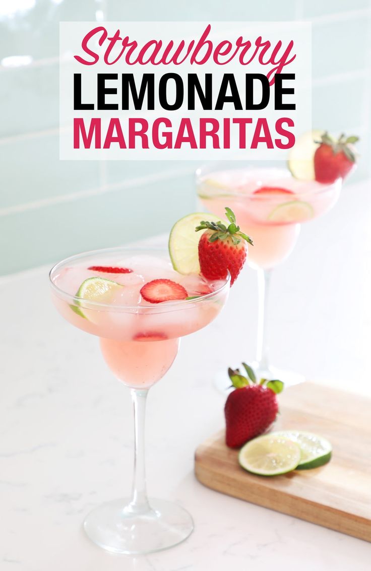 strawberry lemonade margaritas are garnished with sliced strawberries