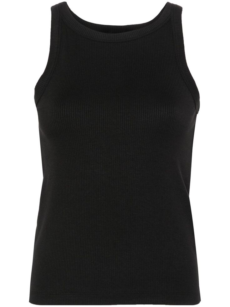 black fine ribbed round neck sleeveless mini logo tag to the side straight hem This item contains at least 50% materials which are certified or widely recognised as having a lower environmental impact through production and/or manufacturing processes that reduce water consumption and the use of harmful chemicals, or re-use by-products of the production process. Learn more about what makes a product Conscious on our Conscious Criteria page Ribbed Knit Tank Top, Black Tank Top With Ribbed Neckline For Summer, Black Tops With Ribbing And Stretch, Fitted Ribbed Tank Top With Crew Neck, Black Fitted Tank Top, Black Ribbed Neckline Tank Top For Summer, Ribbed Crew Neck Tank Top, Solid Sleeveless Ribbed Top, Black Stretch Tops With Ribbing