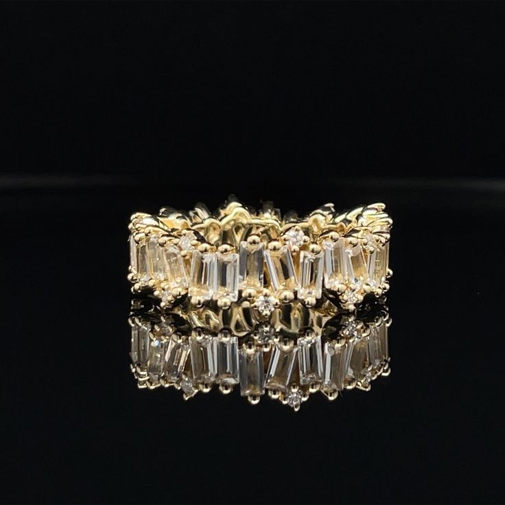 14kt Gold Eternity Band Ring with 0.30ct White Diamond Rounds & (24) 4x2mm Baguette Cut Gemstones. 7mm Width All Sales Final 14k Gold Baguette Jewelry With Vvs Clarity, Yellow Gold Baguette Jewelry With Prong Setting, Gold Baguette Rings With Cubic Zirconia, Baguette Cubic Zirconia Jewelry With Prong Setting, Yellow Gold Baguette Jewelry With Vvs Clarity, Diamond Baguette Jewelry With Prong Setting, Baguette Diamond Jewelry With Prong Setting, Gold Eternity Band With Prong Setting Baguette Cut, Gold Baguette Cut Eternity Band With Prong Setting