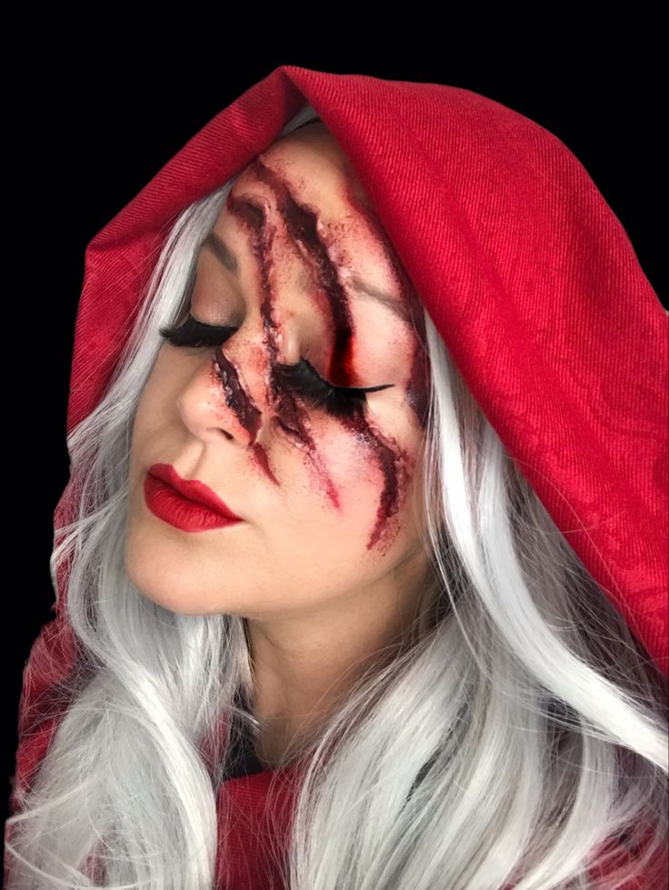 Red Riding Hood Halloween Makeup and Costume Fake Injury Makeup Halloween, Red Riding Hood Halloween Makeup, Halloween Makeup Looks For Couples, Little Red Riding Hood Makeup Ideas, Little Red Riding Hood Costume Makeup, Red Riding Hood Hairstyles, Little Red Riding Hood Hair, Little Red Riding Hood Halloween Makeup, Scary Red Riding Hood Makeup