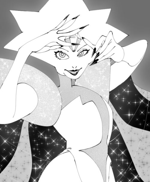 a drawing of a woman in black and white with stars around her head, looking at the camera