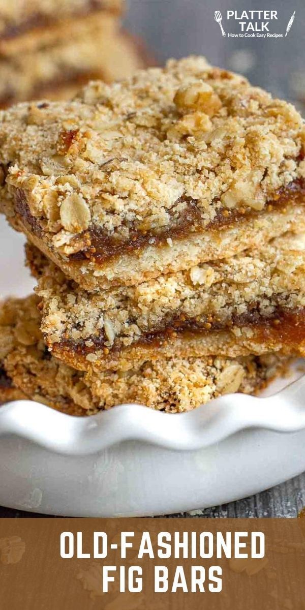 old - fashioned fig bars stacked on top of each other in a white dish with text overlay