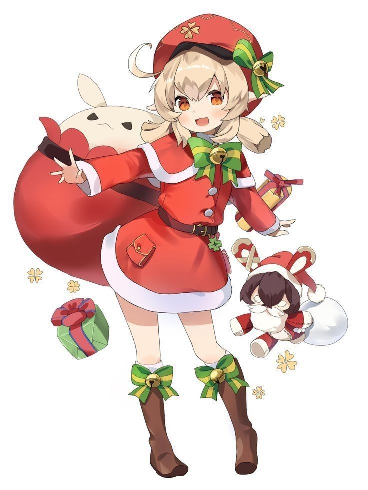 an anime character dressed in red and white with christmas decorations around her neck, holding a stuffed animal