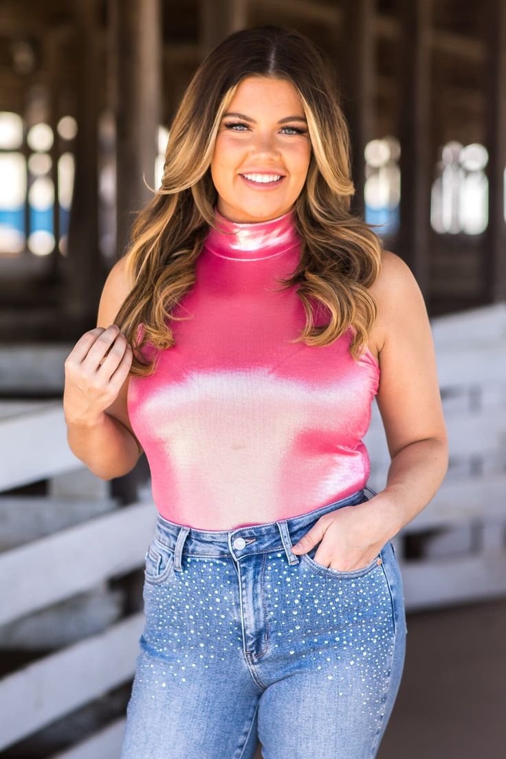 Hot Pink Metallic Mock Neck Bodysuit - Filly Flair Hot Pink Print, Sparkly Sandals, Raglan Sleeve Top, Mock Neck Bodysuit, Black Tankini, Color Season, Pink Metallic, Bootcut Pants, Summer Winter