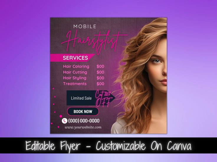 a flyer for a hair stylist is displayed on a purple and black background