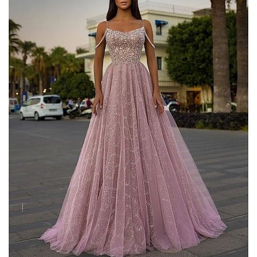 Pink Sequin Prom Dress, Dress Long Formal, Prom Dress Tulle, Evening Dress Long, Boho Bridal Gowns, A Line Evening Dress, Prom Dresses 2024, Sequin Prom Dress, Evening Party Gowns