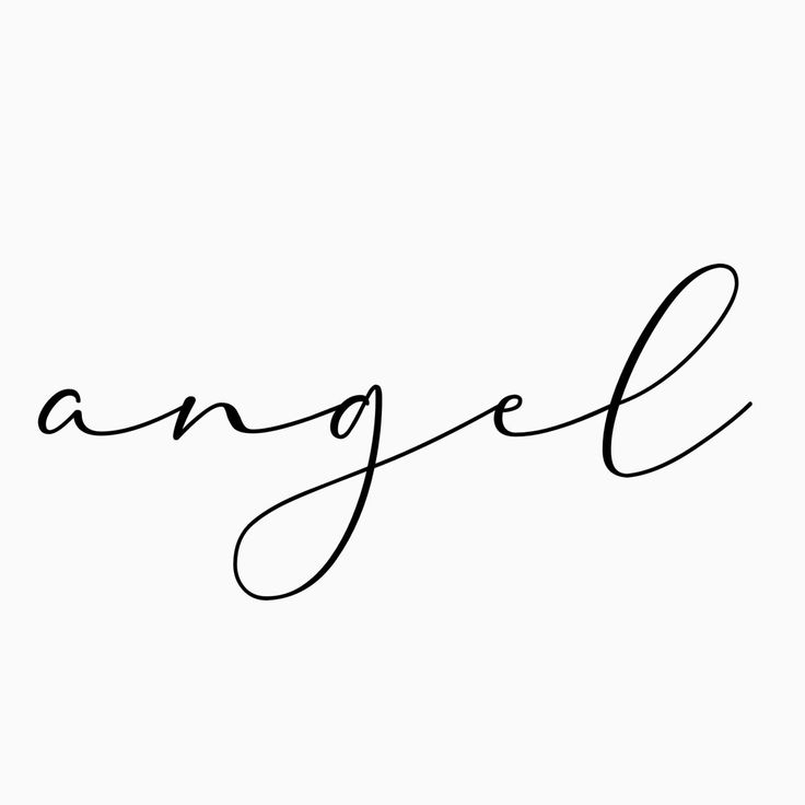 the word angel is written in cursive writing on a white background with black ink