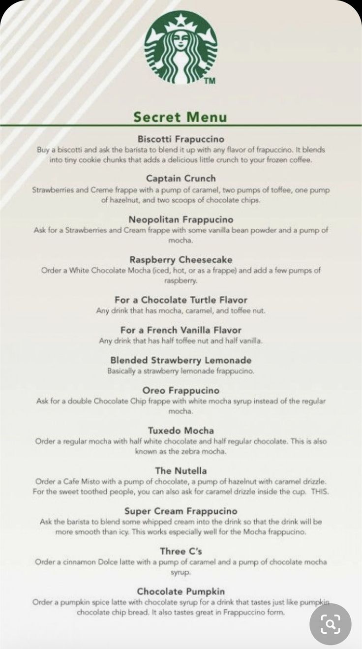 the menu for starbucks's secret menu