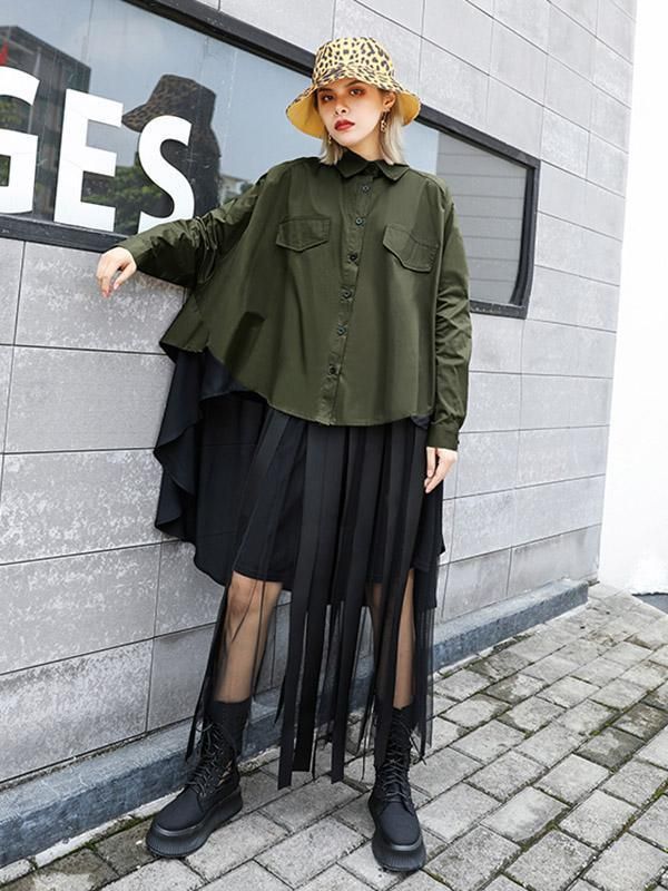 Sku CY-!63519 Material Cotton-blend , Chiffon Style Irregular clipping , Long Sleeves Feature Split-joint , Solid Color Occasion Casual , Original Creation Seasons Spring , Summer , Autumn Type Blouses&shirts Tops Color ARMY GREEN,BLACK Size FREE SIZE Model's weight:52kg_ Model's height:166cmï¼65.4 inches) Please consult the size chart we provide for this item's measurements to help you decide which size to buy.Please note: There may be 1-3cm differ due to manual measurement. Neckline Bust Ragla Black Asymmetrical Shirt For Spring, Asymmetrical Black Shirt For Spring, Black Cotton Harajuku Style Shirt, Gothic Oversized Long Sleeve Tops, Black Cotton Harajuku Shirt, Chiffon Style, Chiffon Fashion, Free Size, Army Green