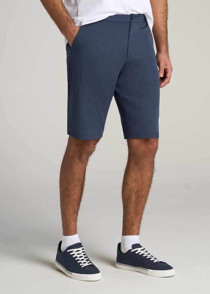 About Our Hybrid Shorts for Tall Men The do-it-all shorts for tall men you never knew you needed. These versatile shorts are designed to go from the pool to the patio with ease. A hybrid between day shorts and swim trunks for tall men, they're made with a quick-drying fabric that sheds water and resists wrinkles. This makes them ideal for traveling, summer days and weekends where life could take you anywhere. These tall men's shorts land just above the knee for maximum mobility and a modern fini Sporty Bermuda Bottoms With Built-in Shorts, Cotton Golf Bottoms With Built-in Shorts, Cotton Bottoms With Built-in Shorts For Golf, Blue Golf Bottoms For Summer, Blue Summer Golf Bottoms, Blue Bottoms For Summer Golf, Moisture-wicking Knee-length Shorts For Summer, Summer Golf Shorts With 4-way Stretch, Summer Athletic Shorts With 5-inch Inseam