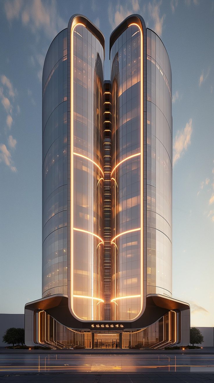 a tall building with many windows and lights on it