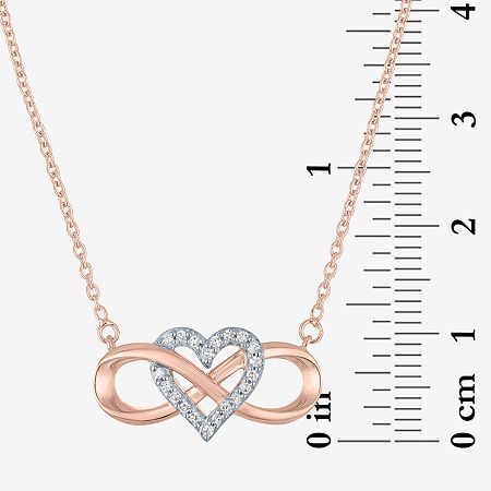 Features: Quick ShipDiamond Clarity: I1-I2Jewelry Closure: Spring Ring ClaspSetting: ProngShape: Infinity, HeartStone Cut: RoundDiamond Color: G-HMetal Color: Two ToneChain Length: 18 InchExtender Length: 2 InchPendant Length: 10.3mmPendant Width: 20.5mmRounded Carat Weight: 1/10 Ct. T.w.Chain Construction: CableCare: Wipe CleanStone Type: 20 Lab Grown DiamondAuthenticity: Lab Grown DiamondBirthstone: April BirthstoneMetal: 14k Rose Gold Over SilverNecklace Type: Pendant NecklacesCountry of Orig Infinity Pendant, Infinity Heart, Silver Heart, Spring Rings, White Diamond, Lab Grown, Rose Gold, Pendant Necklace, Pendant