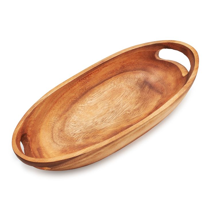 two oval wooden trays with handles on each side, one in the shape of an oval