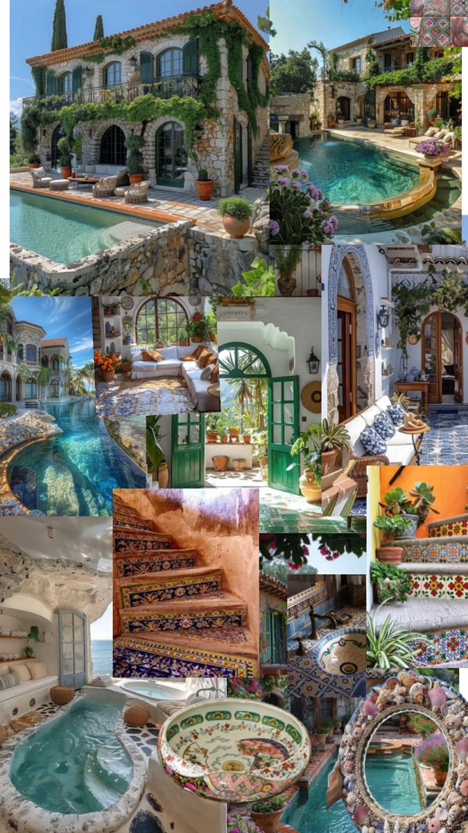 a collage of photos with houses and pools