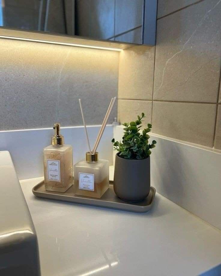 a bathroom sink with two bottles and a plant on it's tray next to the mirror