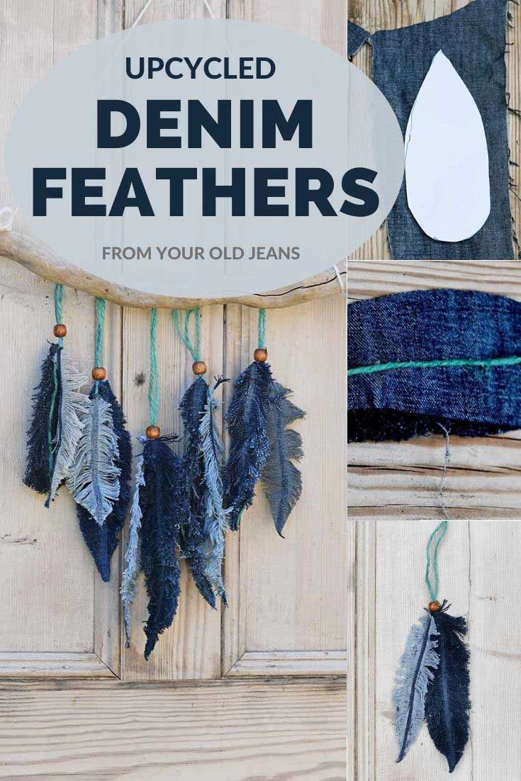 upcycled denim feathers hanging on a door with text overlay that reads upcycled denim feathers from your old jeans