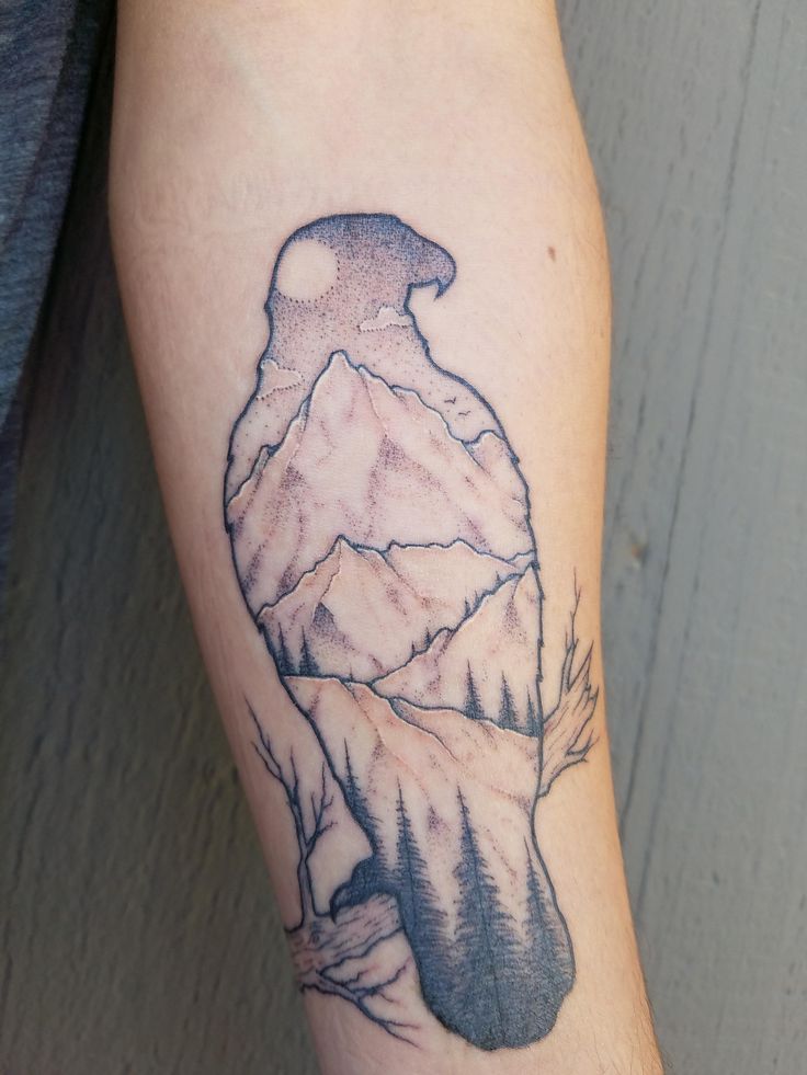 a man's arm with a tattoo of a bird on top of a mountain