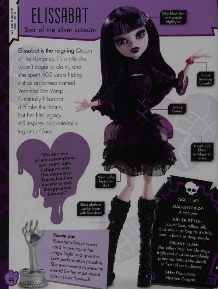 an advertisement for a doll that has been designed to look like it is wearing black and purple