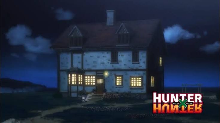 an animated image of a house at night with the words hunter home geek written on it