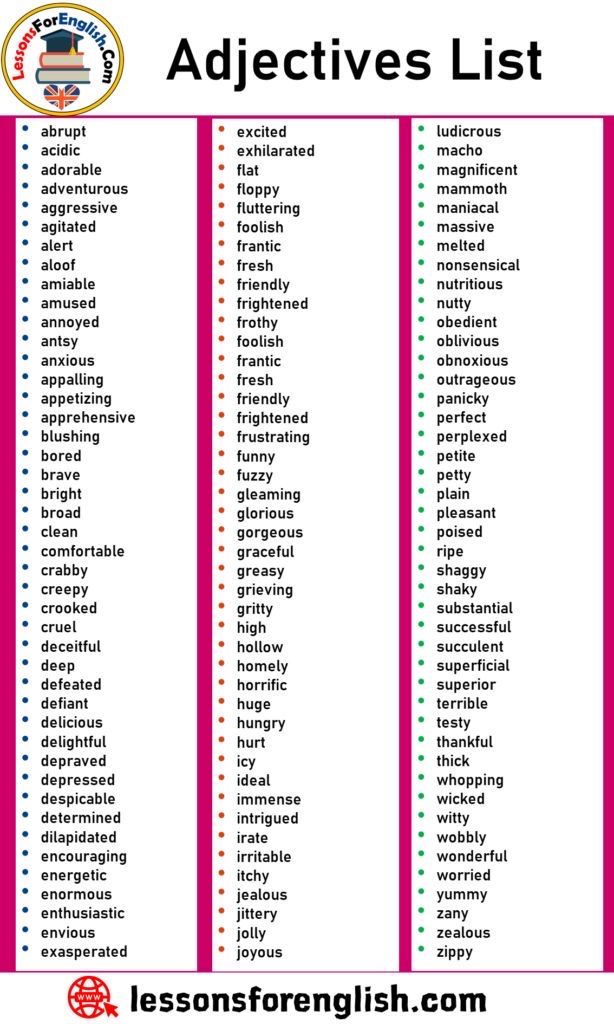 an adjective list for the english language classroom with pink and green lines on it