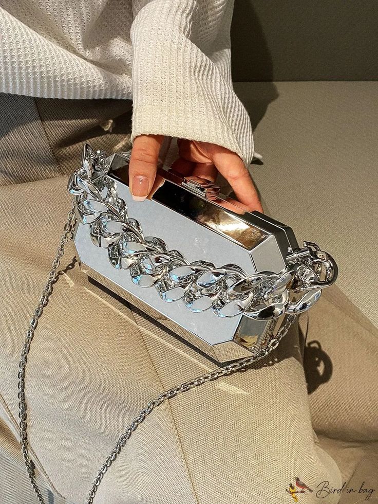 BirdinBag - Compact Metallic Chain Handbag Chic Silver Shoulder Bag With Mobile Phone Holder, Chic Silver Shoulder Bag With Phone Pocket, Party Clutch Satchel With Chain Strap, Silver Crossbody Evening Bag With Chain Strap, Trendy Silver Evening Bag With Phone Holder, Handheld Silver Evening Bag With Chain Strap, Silver Handheld Evening Bag With Chain Strap, Chain Strap Clutch Bag, Handheld Satchel With Chain Strap For Shopping