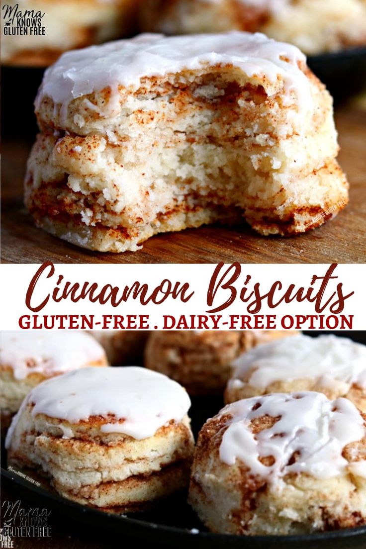 cinnamon biscuits with white frosting on top are shown in three different pictures