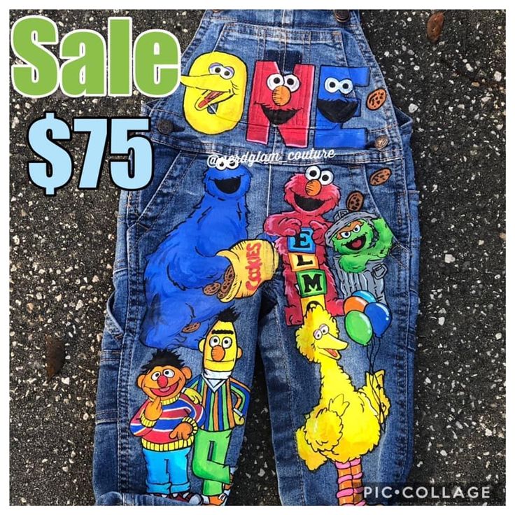 a pair of jeans with sesame characters painted on them and the words sale $ 75