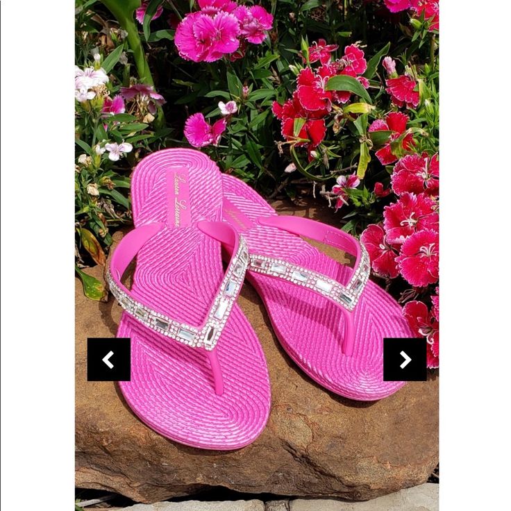 Pink Or Fuchsia Blinged Sandals Pink Summer Flip Flops For Pool, Pink Synthetic Flip Flops For Pool, Summer Pink Flip Flops For Pool, Summer Style Pink Flip Flops For Pool, Pink Summer Party Flip Flops, Summer Party Pink Flip Flops, Pink Party Flip Flops For Summer, Pink Party-style Summer Flip Flops, Pink Round Toe Flip Flops For Party