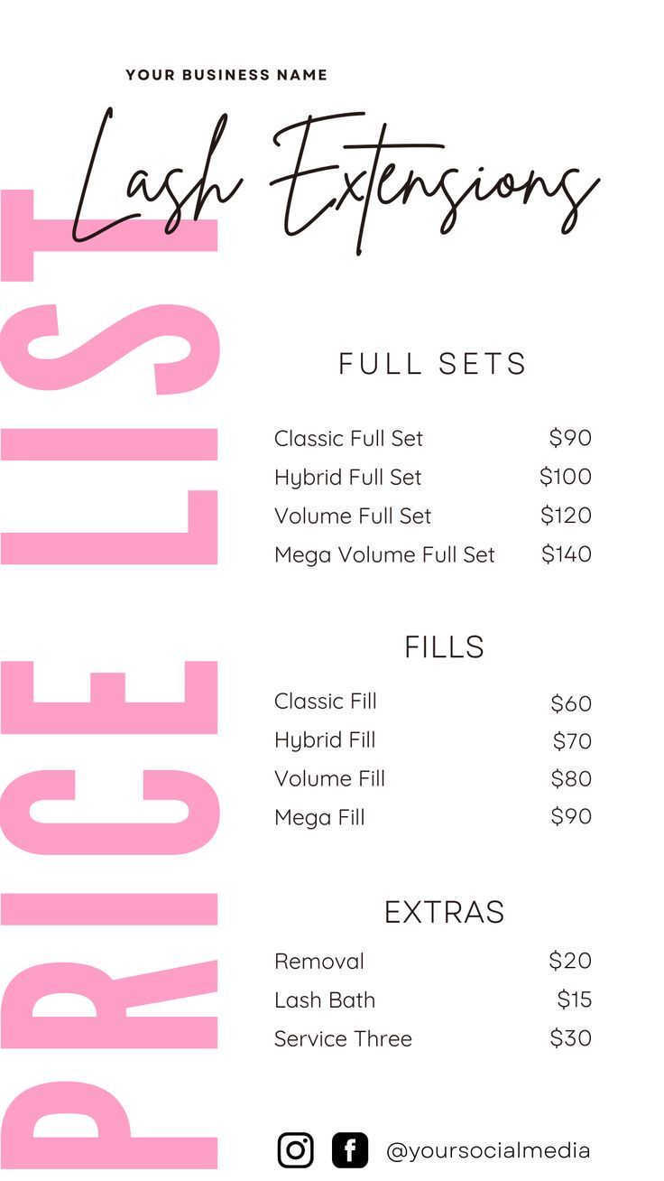 Salon Price List Ideas, Eyelash Price List, Lash Price List Ideas, Lash Extension Price List, Price List Background, Lash Price List Template, Lashes Price List, Salon Price List Design, Price List Ideas