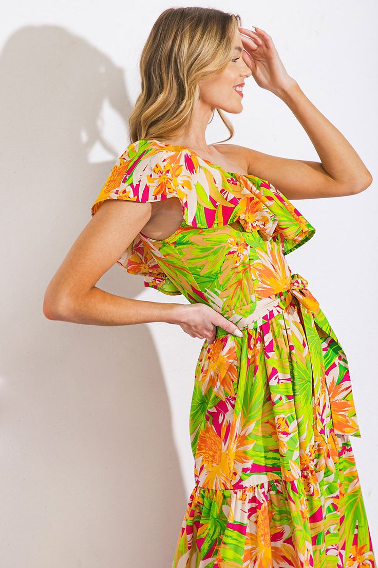 A printed poplin maxi dress featuring one shoulder neckline with flounce, self sash tie, tiered skirt and side zipper closureDetails:Self : 100% CottonSize & Fit- Model is 5`8" And Wearing Size Small- Measurements Taken From Size Small- Approx. Length: 59" Multicolor One-shoulder Ruffle Dress, Summer One-shoulder Maxi Dress With Ruffles, One Shoulder Ruffled Summer Maxi Dress, One Shoulder Ruffle Summer Maxi Dress, Garden Party One Shoulder Maxi Dress With Ruffles, One-shoulder Maxi Dress With Ruffles For Garden Party, One-shoulder Ruffled Maxi Dress For Garden Party, Garden Party One-shoulder Maxi Dress With Ruffles, Spring Green One Shoulder Dress With Ruffles