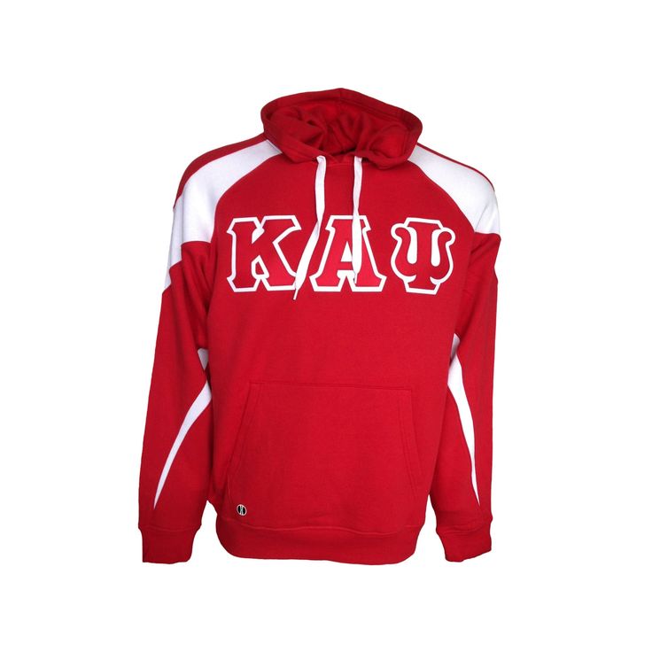 "Letter hooded sweatshirt. Sweatshirt color is red and white. 2 color 4\" twill letters are across the front chest. The letters are a faux stitch meaning they have a sewn on look but no sewing is performed on the lettering. The letters are heat sealed on and will not come off." University Red Fleece Sports Hoodie, University Red Fleece Hoodie For Sports, Red Team Spirit Hoodie, Red Game Day Fan Apparel Hoodie, University Red Sports Hoodie With Drawstring Hood, University Red Drawstring Hood Sweatshirt For Sports, Sporty Red Hoodie For Game Day, Team-colored Varsity Hoodie For Fall, Collegiate Red Hoodie For Fan Gear