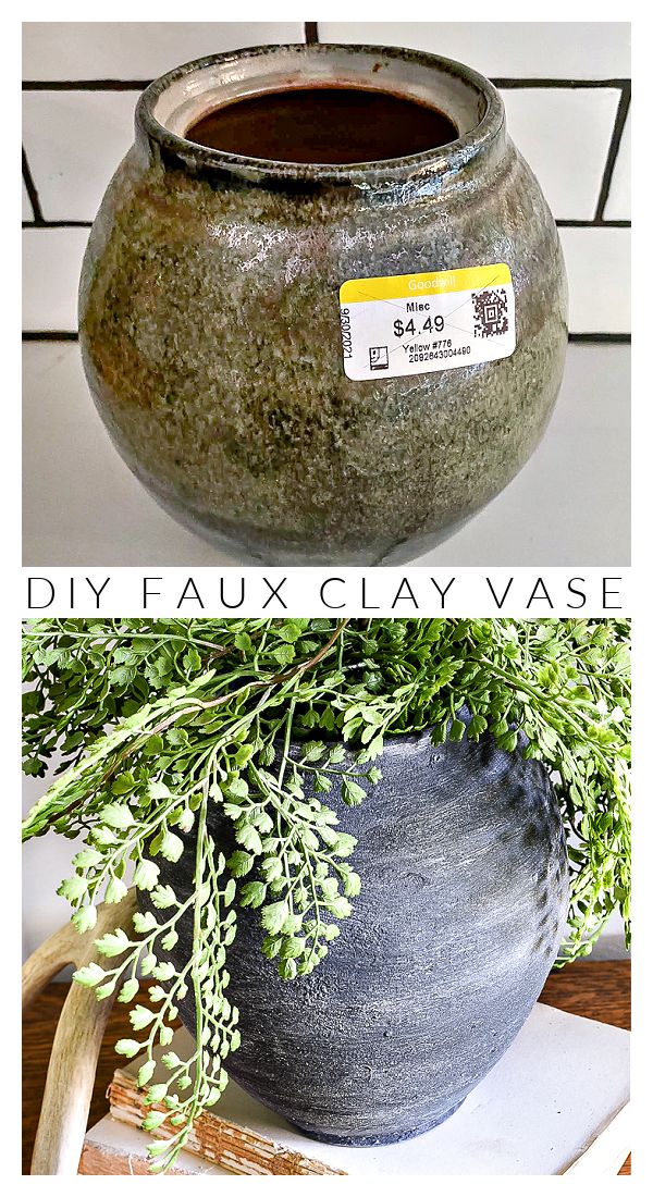 an image of a vase with plants in it and the words diy faux clay vase