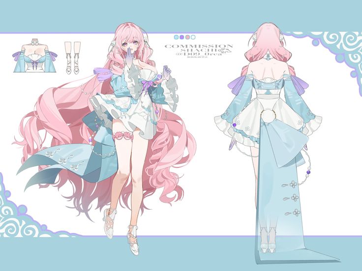 an anime character with long pink hair and blue dress, standing in front of a white background