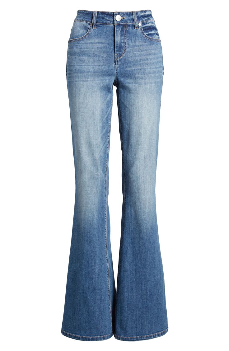 Kicky stretch-denim flares add leg-lengthening style to everyday looks. 34" inseam; 23" leg opening; 9" front rise; 14 1/2" back rise Zip fly with button closure Front scoop pockets; back patch pockets 56% cotton, 24% rayon, 19% polyester, 1% spandex Machine wash, tumble dry Imported BP. Blue Flare Jeans, Mid Rise Flare Jeans, Flair Jeans, Low Rise Bootcut Jeans, Denim Flare Jeans, Low Rise Flare Jeans, Flare Denim Jeans, Jeans Bootcut, Denim Flares