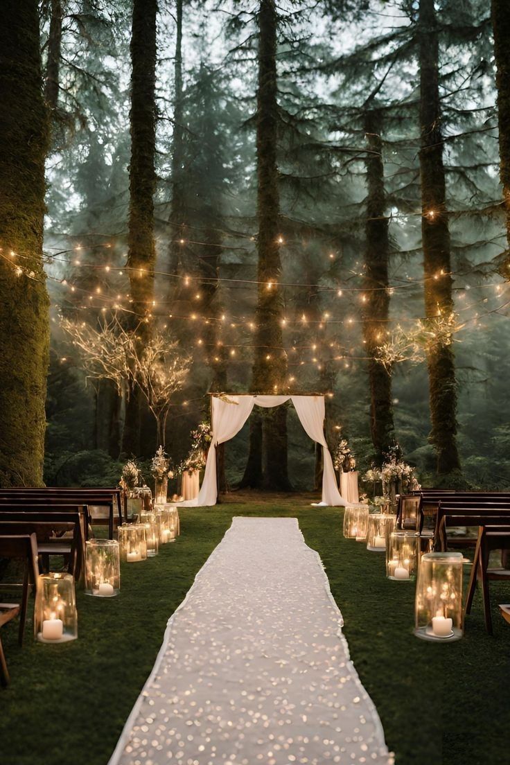 a wedding aisle with candles and lights in the middle is surrounded by tall pine trees