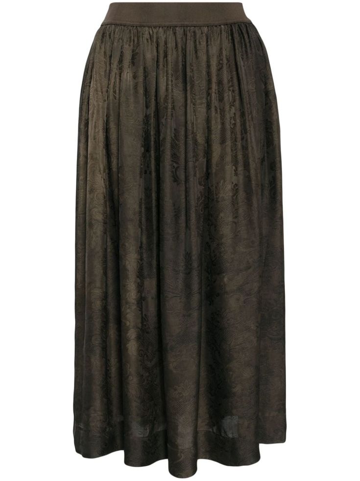 chocolate brown patterned jacquard elasticated waistband gathered detailing two side slash pockets unlined Elegant Midi Skirt Bottoms With Gathered Waist, Elegant Flared Skirt With Gathered Waist, Elegant Bottoms With Gathered Waist And Flared Skirt, Elegant Brown Full Skirt Bottoms, Elegant Full Skirt With Gathered Waist, Elegant Full Skirt Bottoms With Gathered Waist, Elegant Skirt With Gathered Waist And Voluminous Fit, Formal Long Brown Skirt, Brown Flowy Skirt With Elastic Waistband