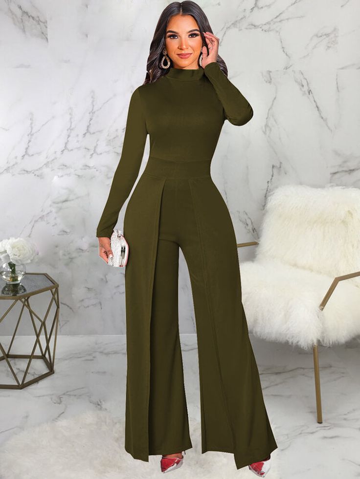 Material:71-80% Polyester & Spandex. Features: Mock neck. long sleeve. bodycon. wide leg. solid color. high waist. jumpsuits.Style: Casual Fitted Wide Leg Jumpsuit Or Romper In Solid Color, Solid High Waist Bodysuit For Fall, Non-stretch Wide Leg Jumpsuits And Rompers, Spring Solid Color Long Sleeve Pantsuit, Stretch Wide Leg Jumpsuits And Rompers In Solid Color, Wide Leg Stretch Jumpsuits And Rompers In Solid Color, Stretch Solid Color Wide Leg Jumpsuits And Rompers, Solid Color High Neck Fitted Jumpsuits And Rompers, Elegant Long Sleeve Jumpsuits And Rompers In Solid Color