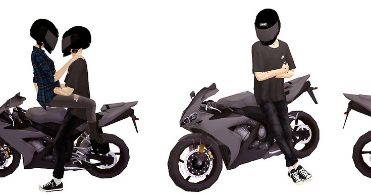 three different views of a person sitting on a motorbike and another man standing next to it