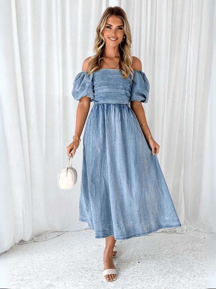 Wash Blue A Line Skirt Midi, Luxurious Fashion, Strapless Neckline, Skirt Midi, Denim Material, Short Sleeve Cardigan, Line Skirt, Denim Cotton, Daily Dress