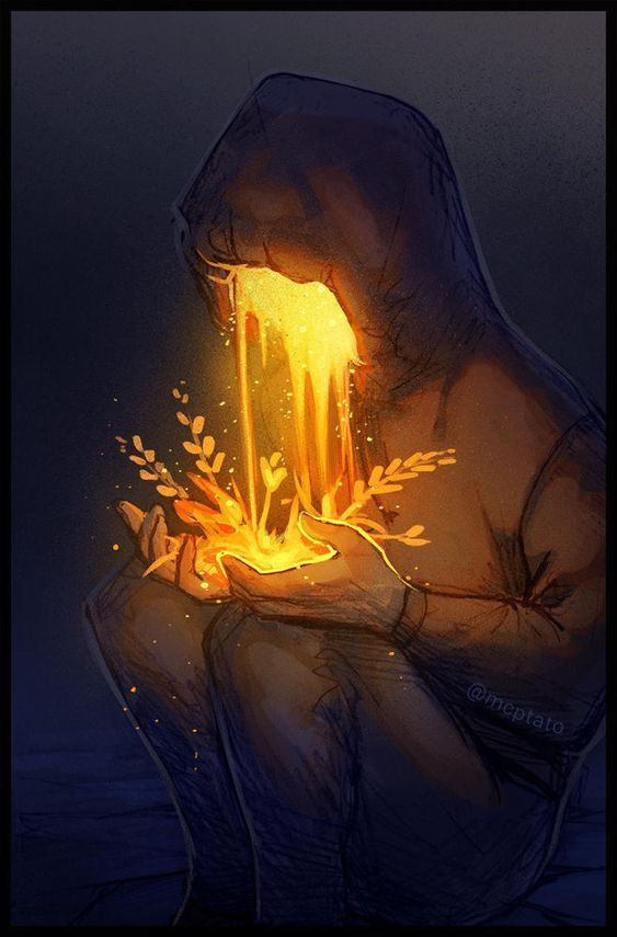 a drawing of a man holding a glowing object in his hands with fire coming out of it