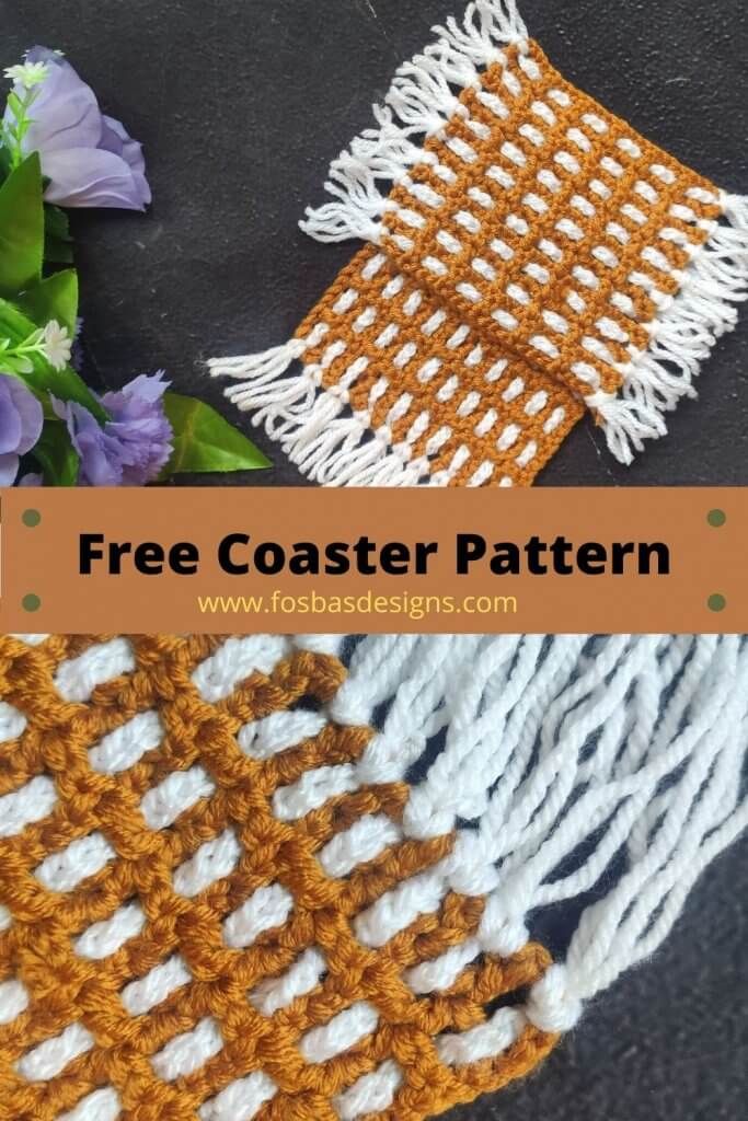 three crocheted coasters with text overlay that reads, free coaster pattern